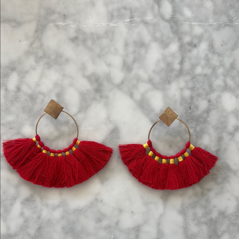 Free People - Boho Red Tassel Hoop Earrings, Large
